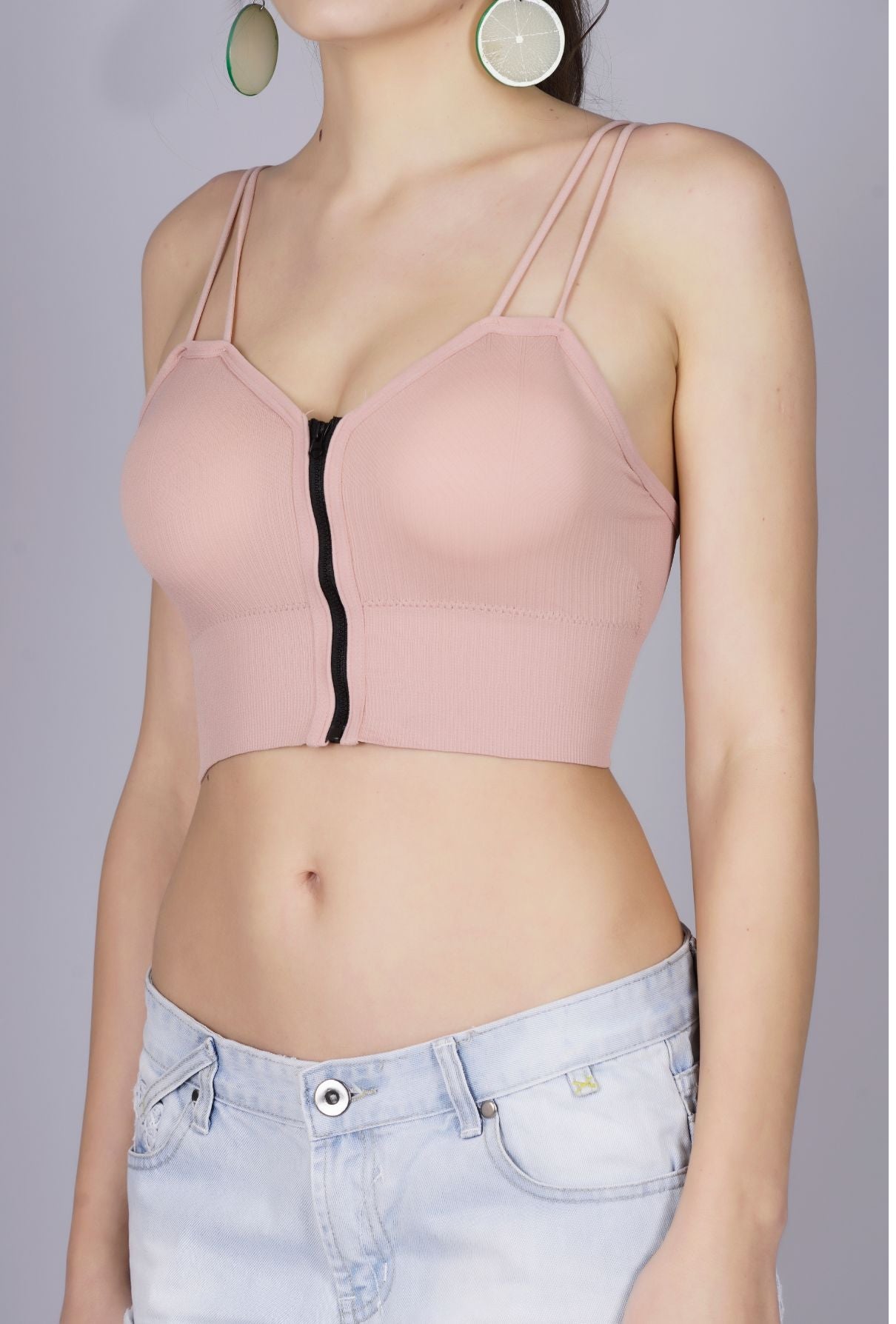 Fabme Women's Front Zip Open Pink Noodle Sleeves Crop Top