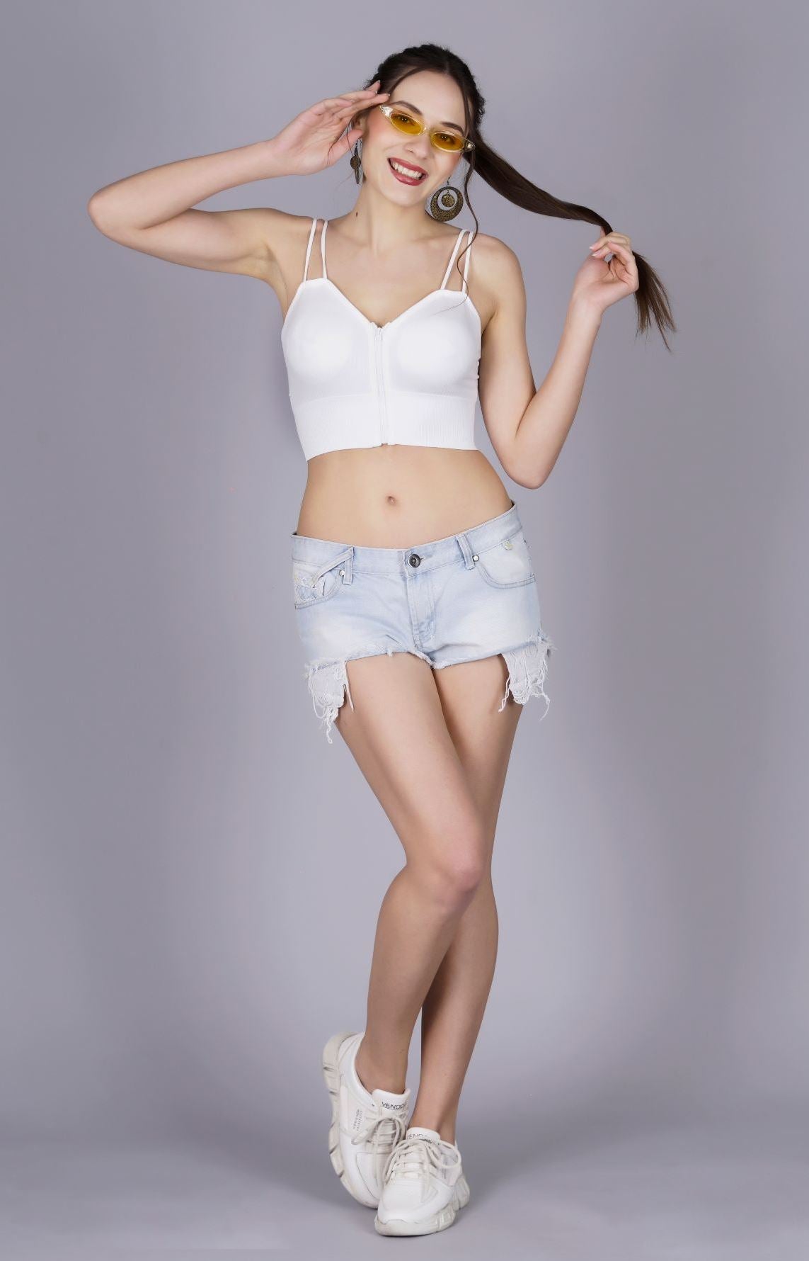 Fabme Women's Front Zip Open White Noodle Sleeves Crop Top