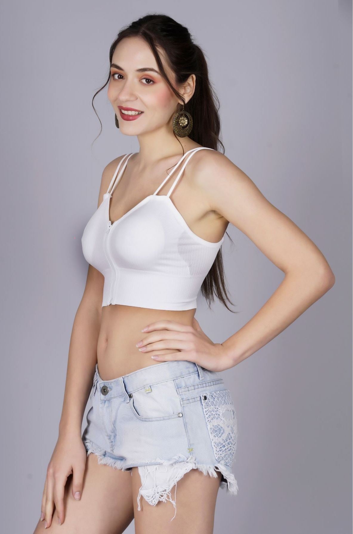 Fabme Women's Front Zip Open White Noodle Sleeves Crop Top