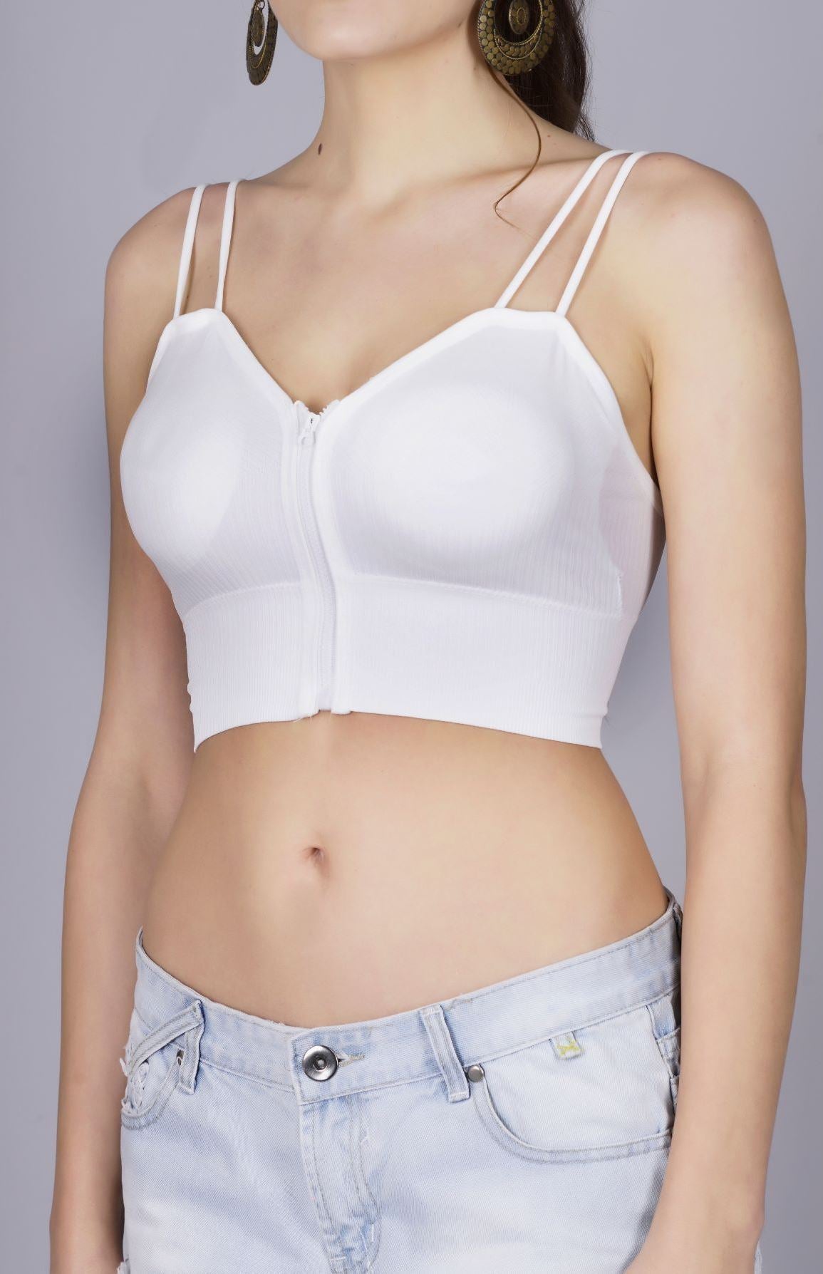 Fabme Women's Front Zip Open White Noodle Sleeves Crop Top