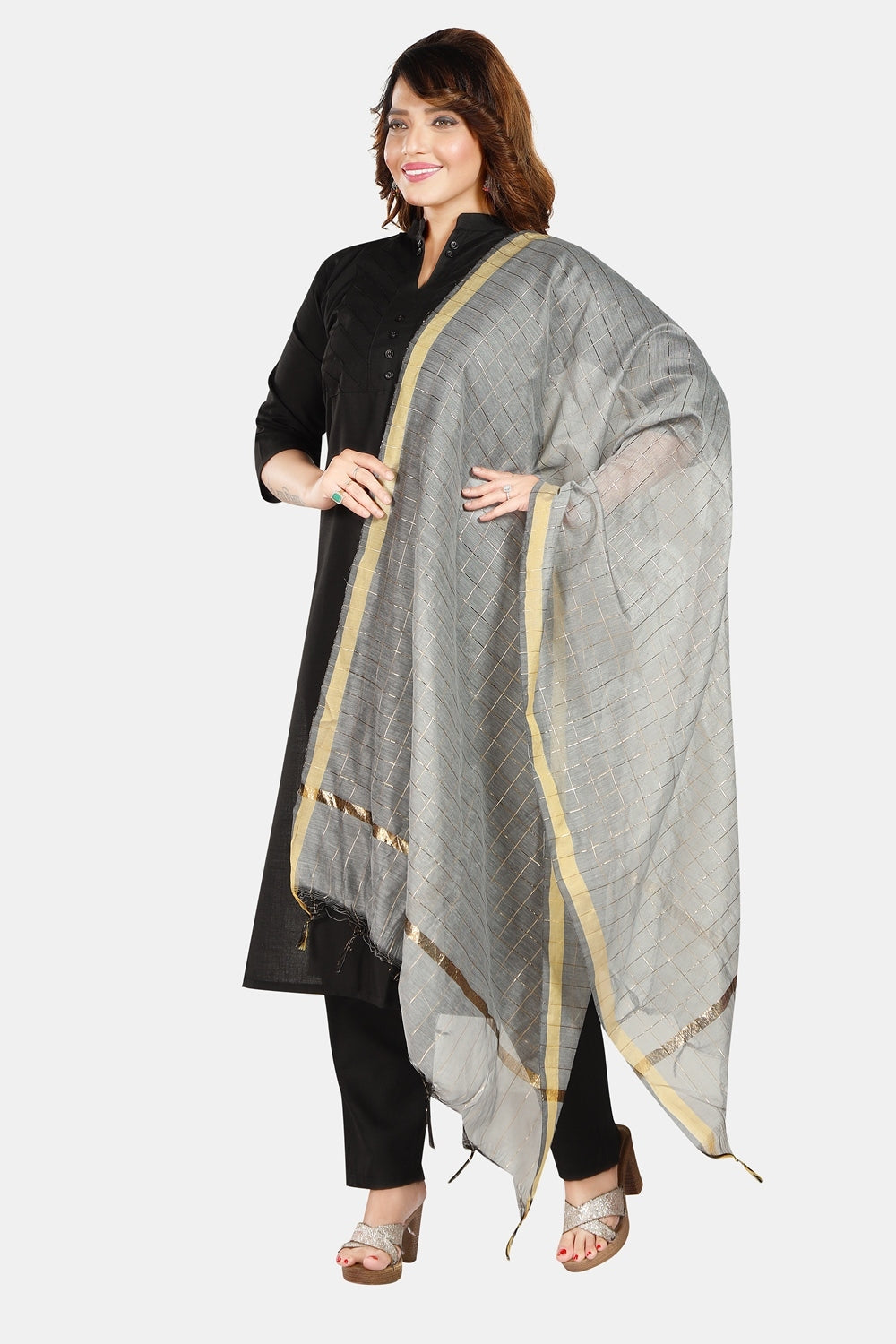 Fabme Women's Full Size, Georgette Golden Checks, Dupatta