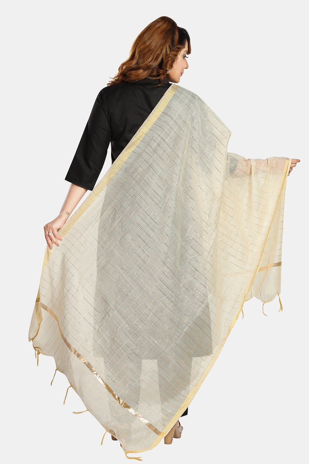 Fabme Women's Full Size, Georgette Golden Checks, Dupatta