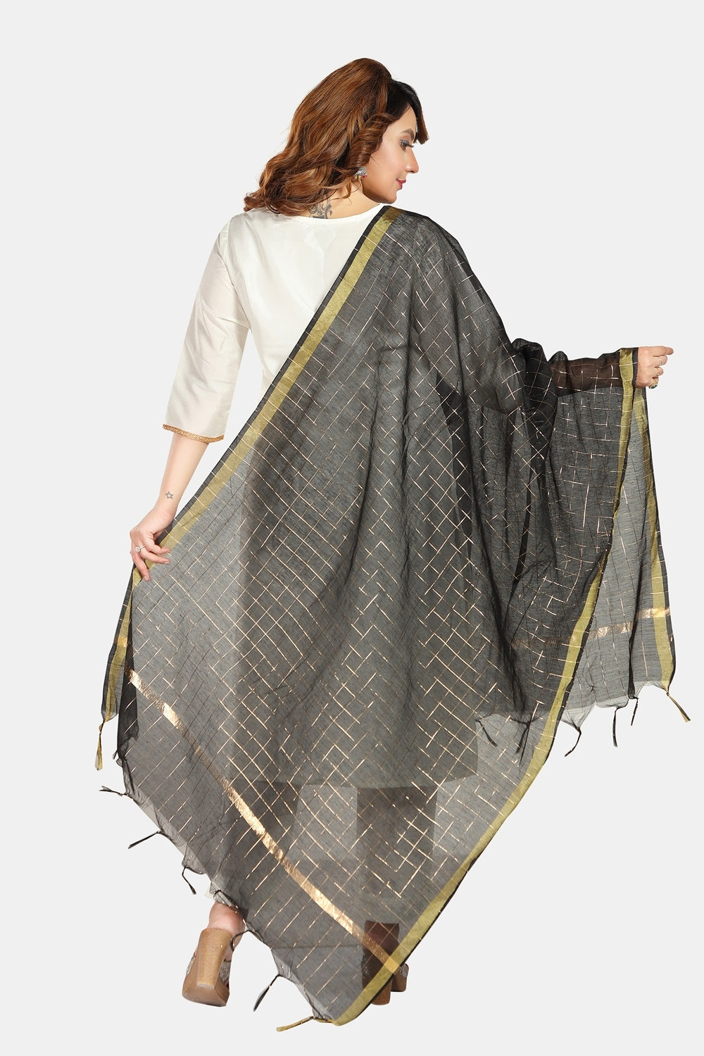 Fabme Women's Full Size, Georgette Golden Checks, Dupatta