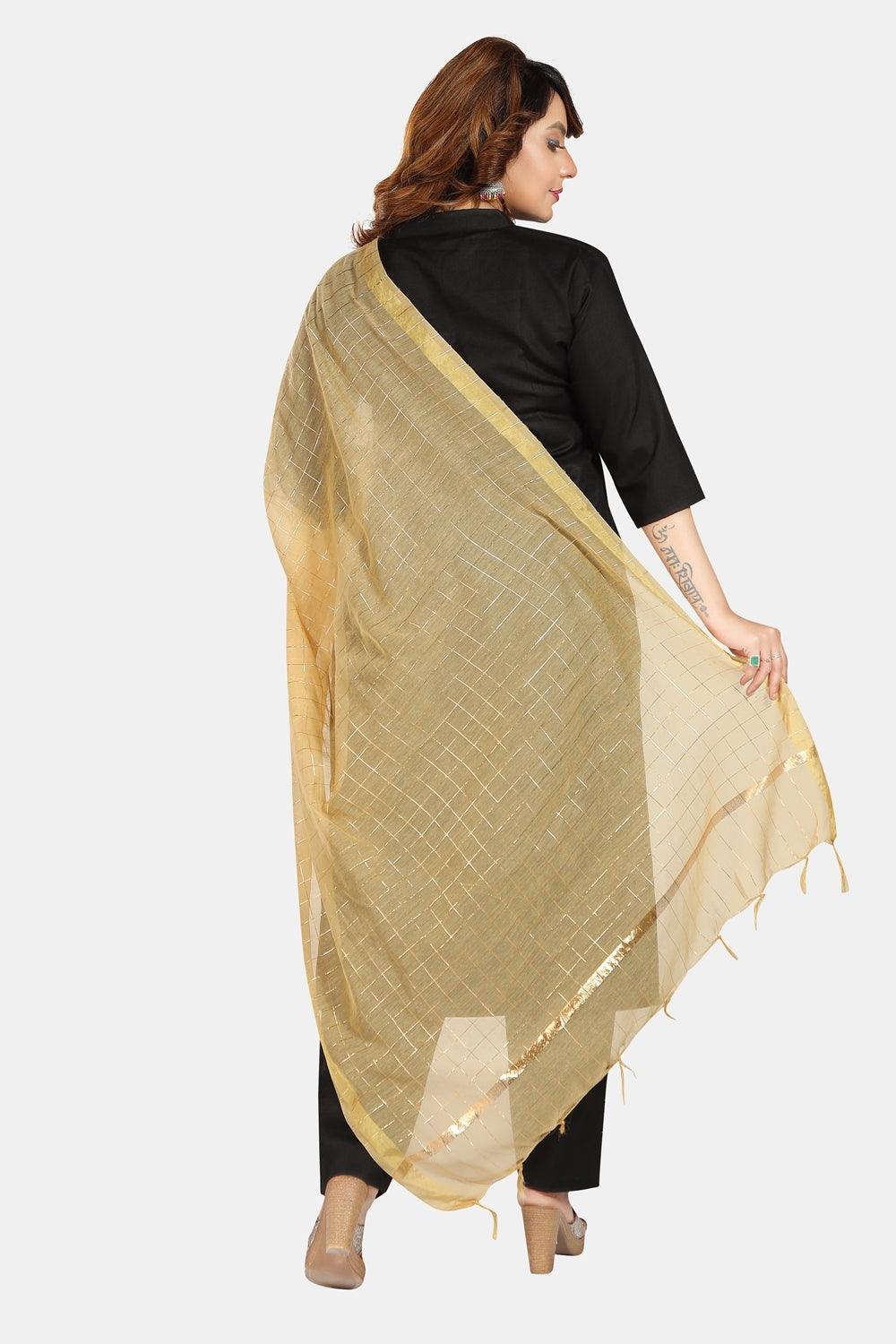 Fabme Women's Full Size, Georgette Golden Checks, Dupatta