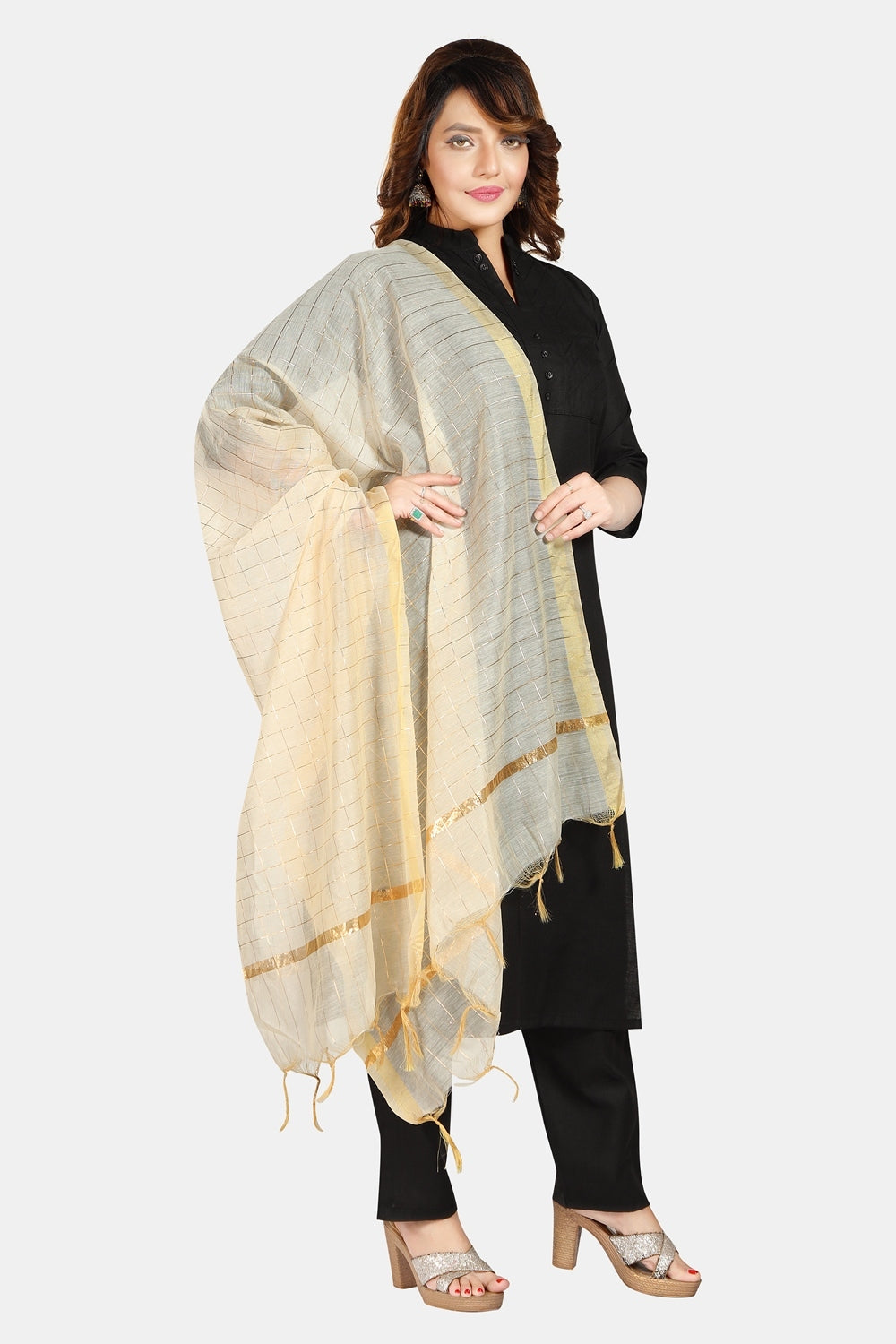 Fabme Women's Full Size, Georgette Golden Checks, Dupatta