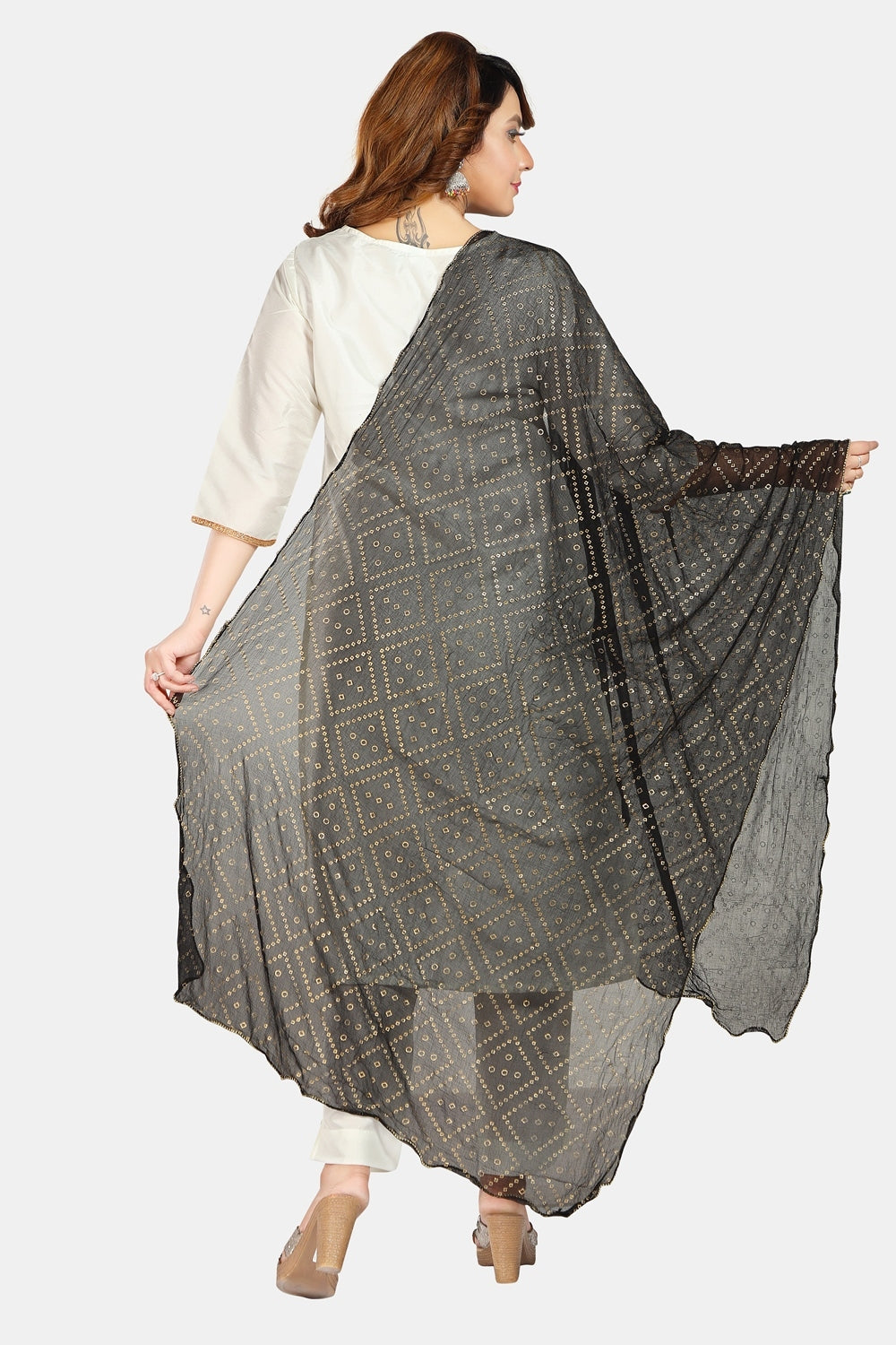 Fabme Women's Full Size, Georgette Printed with Golden Elegant Border, Dupatta