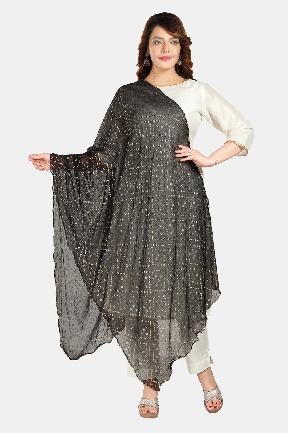 Fabme Women's Full Size, Georgette Printed with Golden Elegant Border, Dupatta