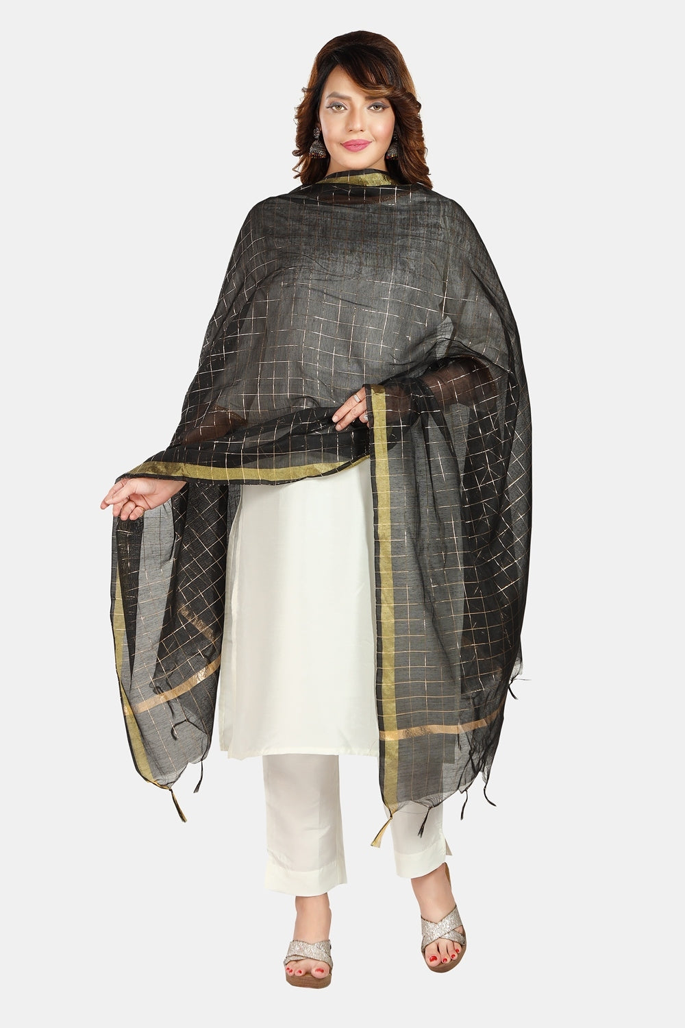 Fabme Women's Full Size, Georgette Golden Checks, Dupatta