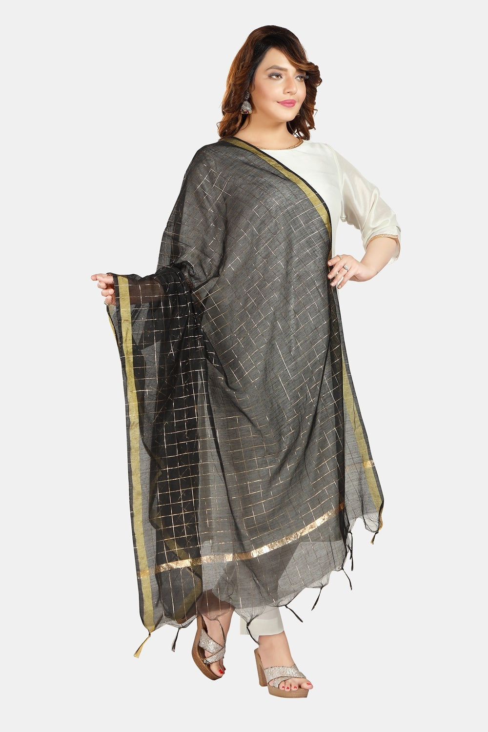 Fabme Women's Full Size, Georgette Golden Checks, Dupatta