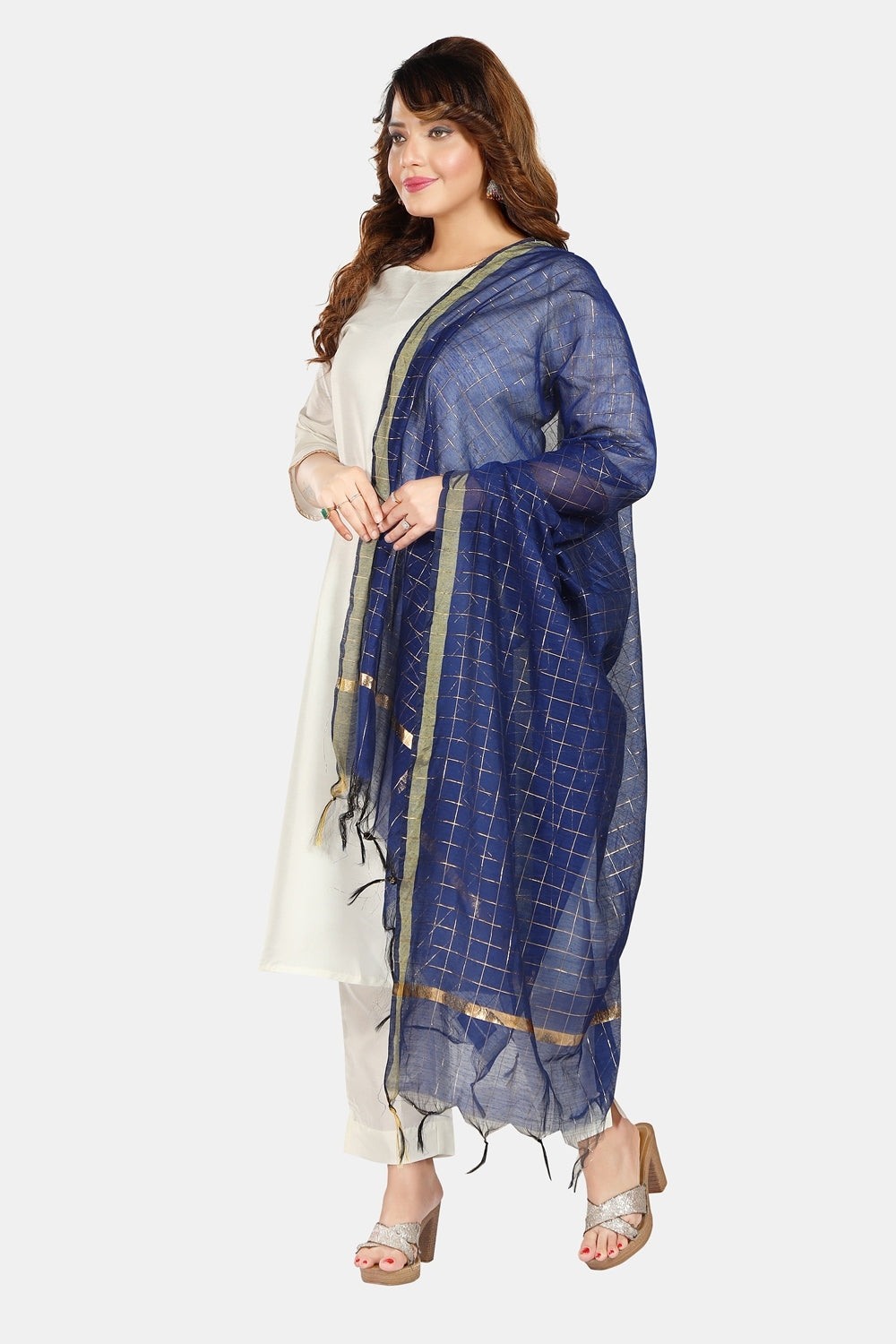 Fabme Women's Full Size, Georgette Golden Checks, Dupatta