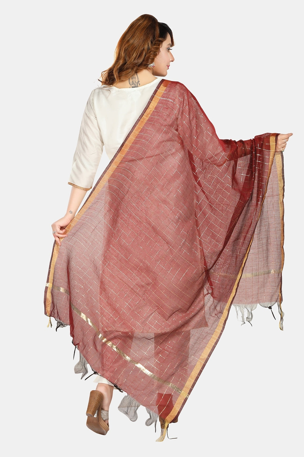 Fabme Women's Full Size, Georgette Golden Checks, Dupatta