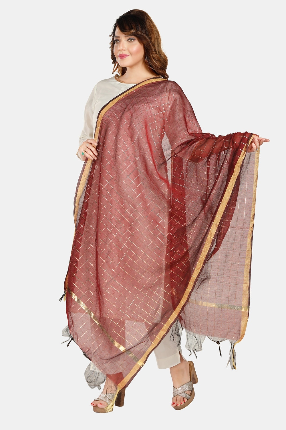 Fabme Women's Full Size, Georgette Golden Checks, Dupatta