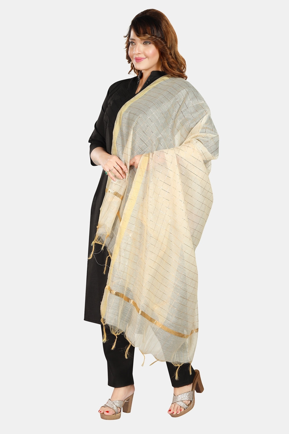 Fabme Women's Full Size, Georgette Golden Checks, Dupatta