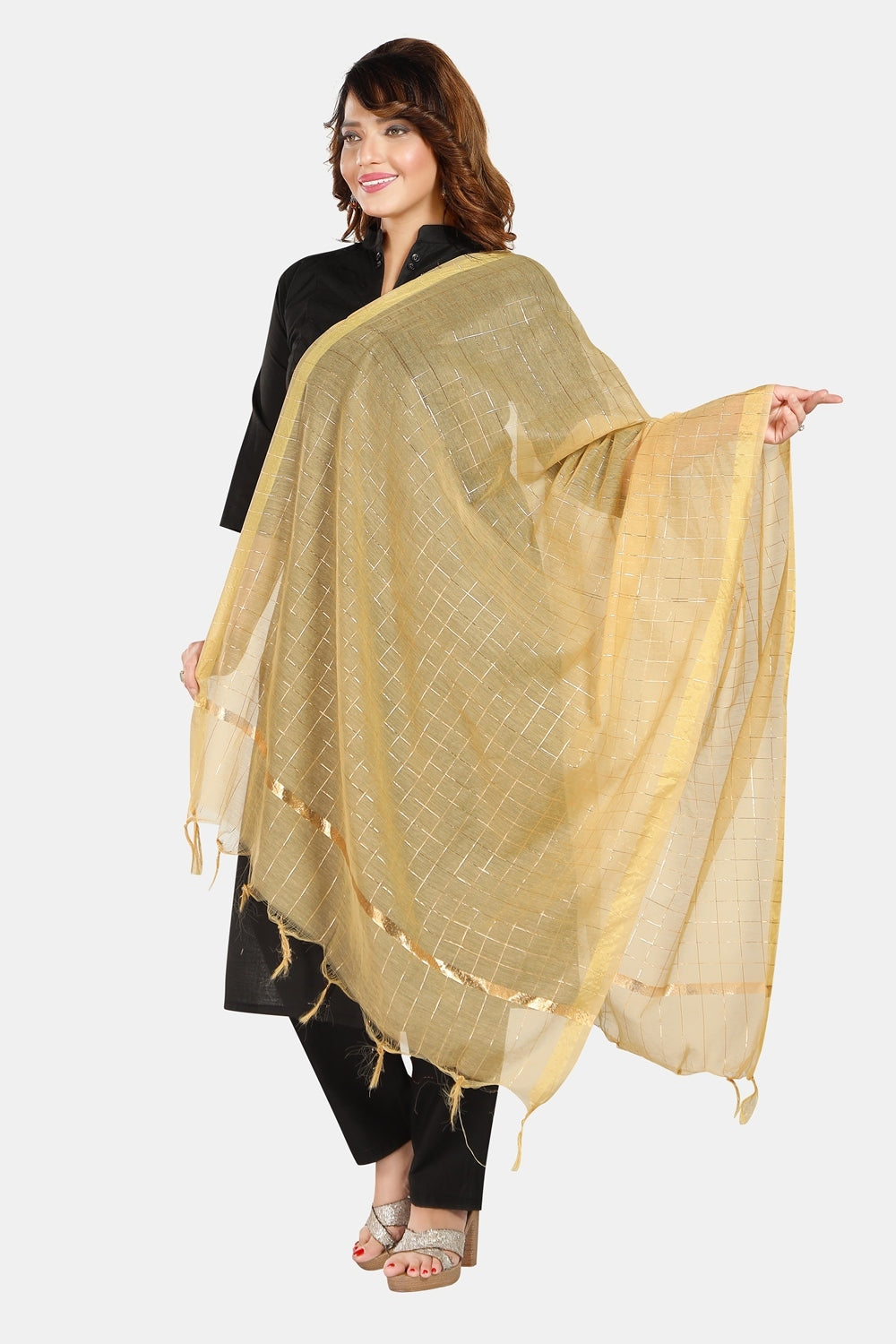 Fabme Women's Full Size, Georgette Golden Checks, Dupatta