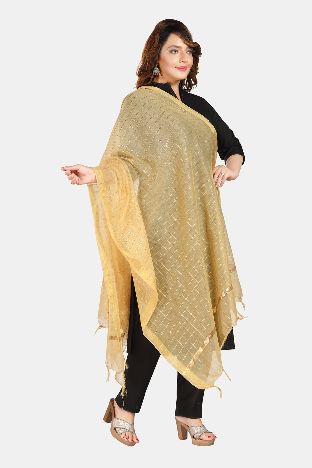 Fabme Women's Full Size, Georgette Golden Checks, Dupatta