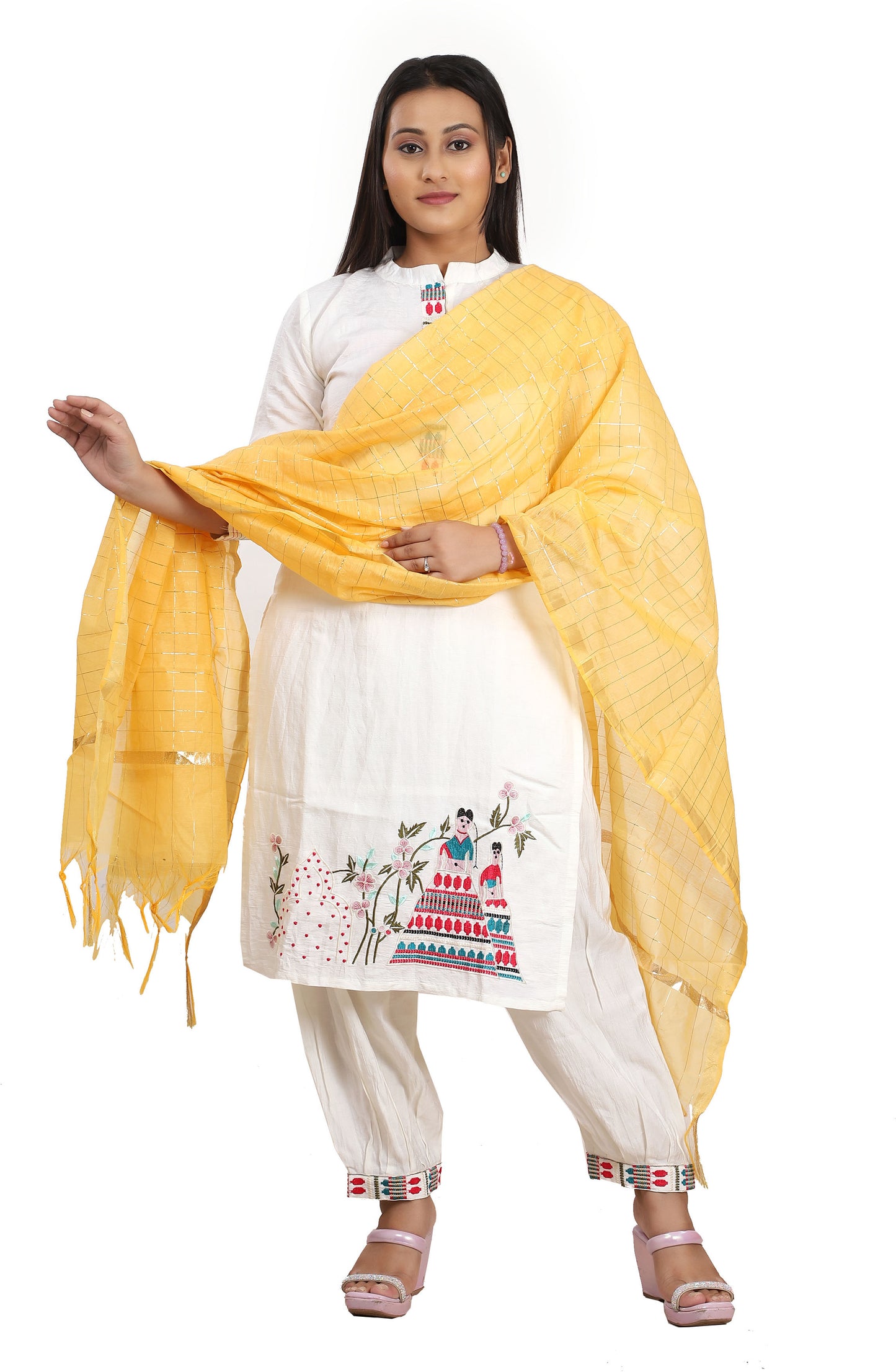 Fabme Women's Full Size, Georgette Golden Checks, Dupatta