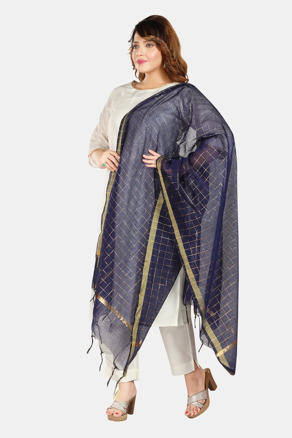 Fabme Women's Full Size, Georgette Golden Checks, Dupatta