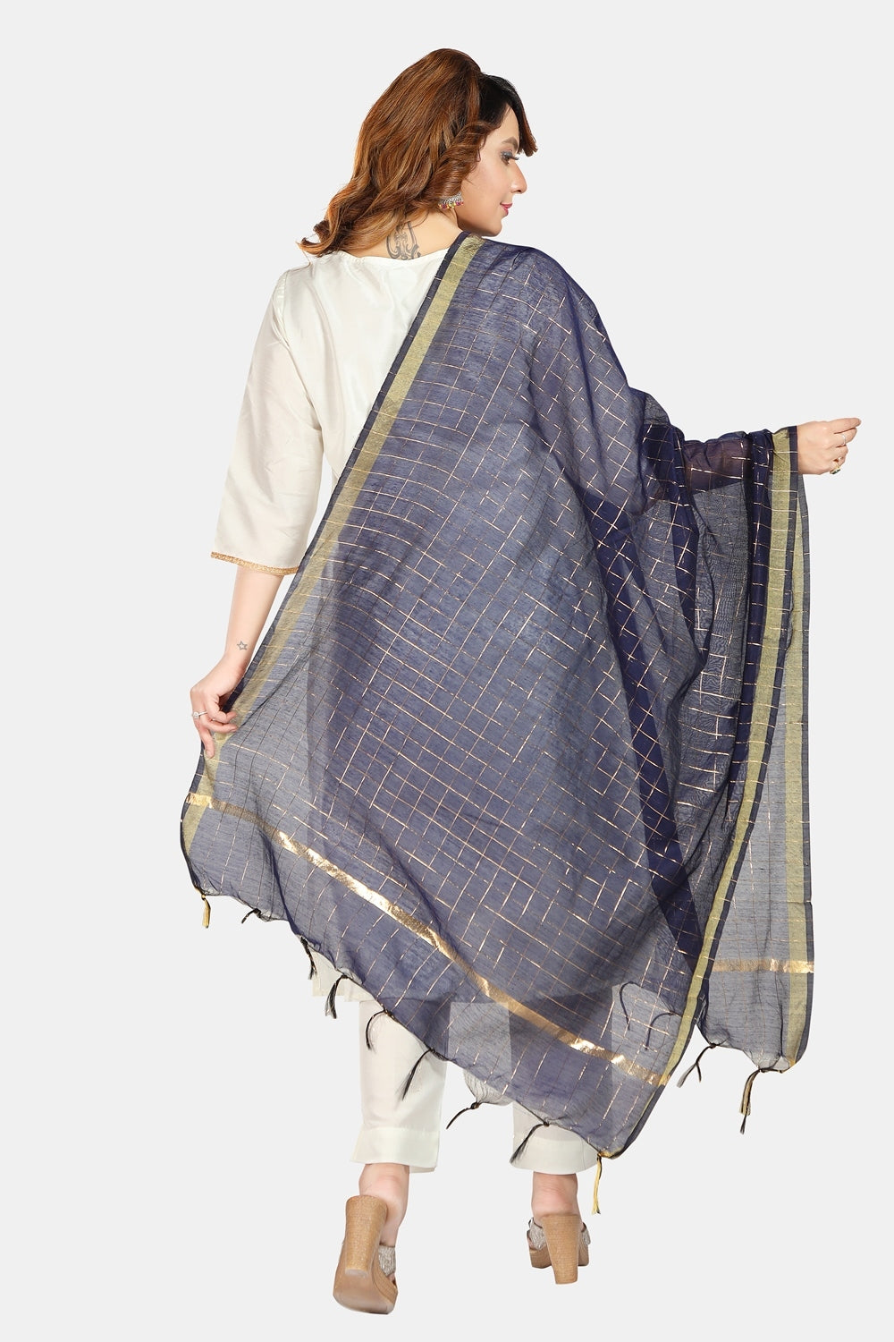 Fabme Women's Full Size, Georgette Golden Checks, Dupatta