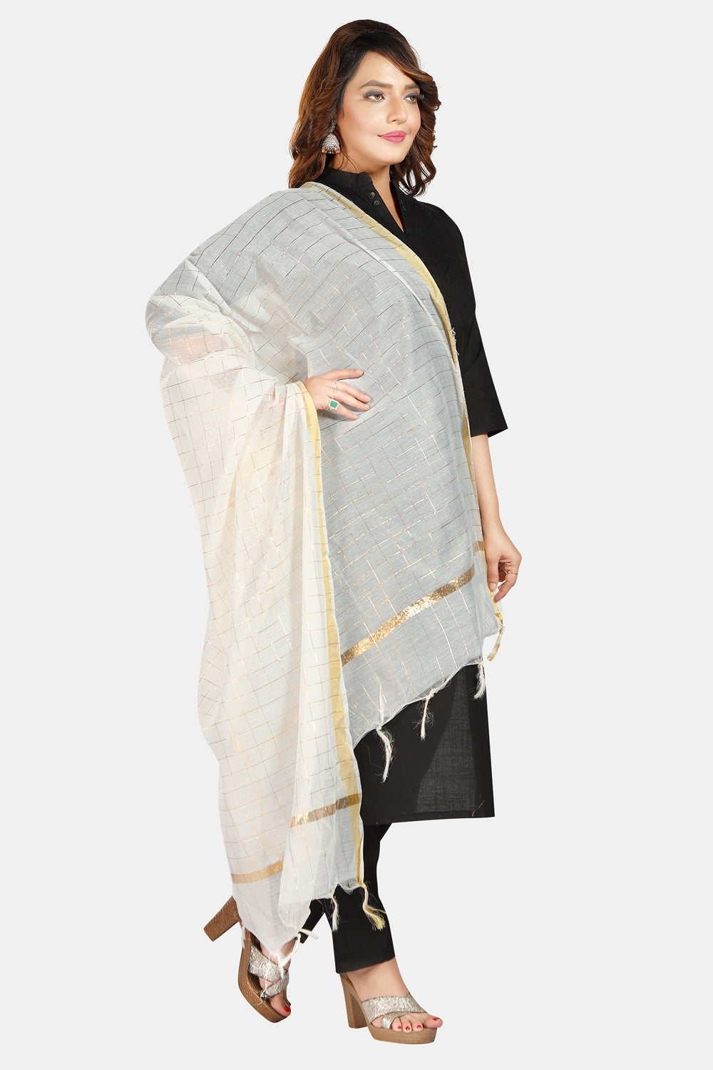Fabme Women's Full Size, Georgette Golden Checks, Dupatta
