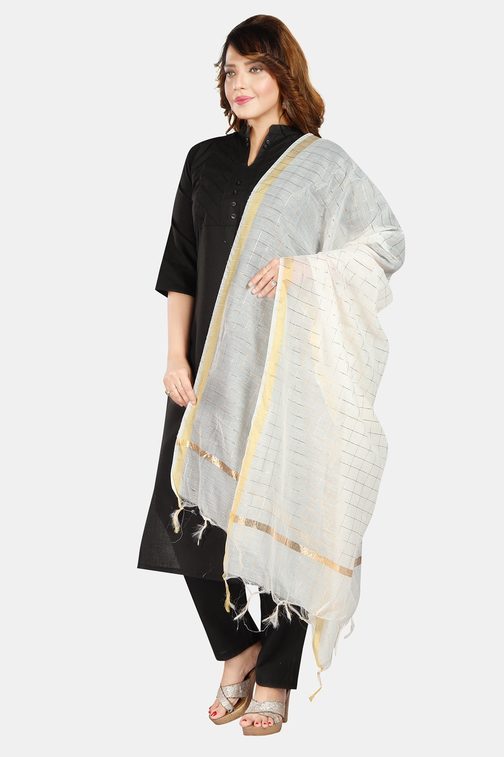 Fabme Women's Full Size, Georgette Golden Checks, Dupatta