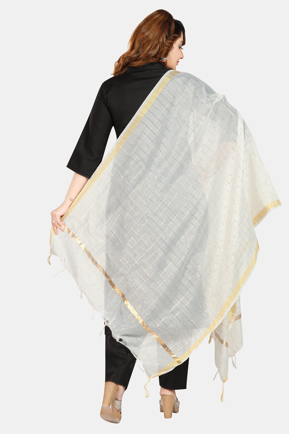 Fabme Women's Full Size, Georgette Golden Checks, Dupatta