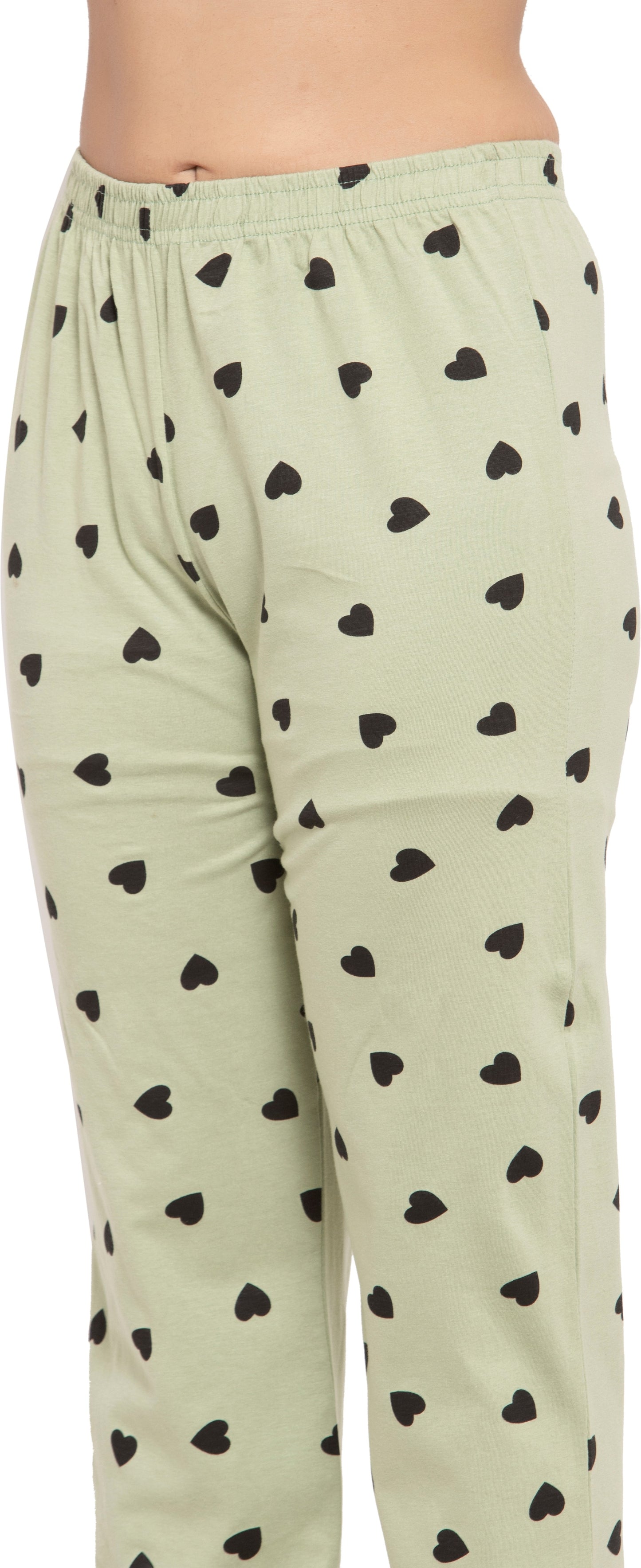 Fabme Women's Light Green Heart Print Sinker Cotton EveryDay Top and Pyjama Set