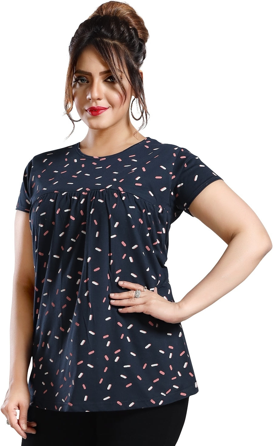 Fabme Women's Printed Navy Blue Concealed Zip Pre and Post Pregnancy Top