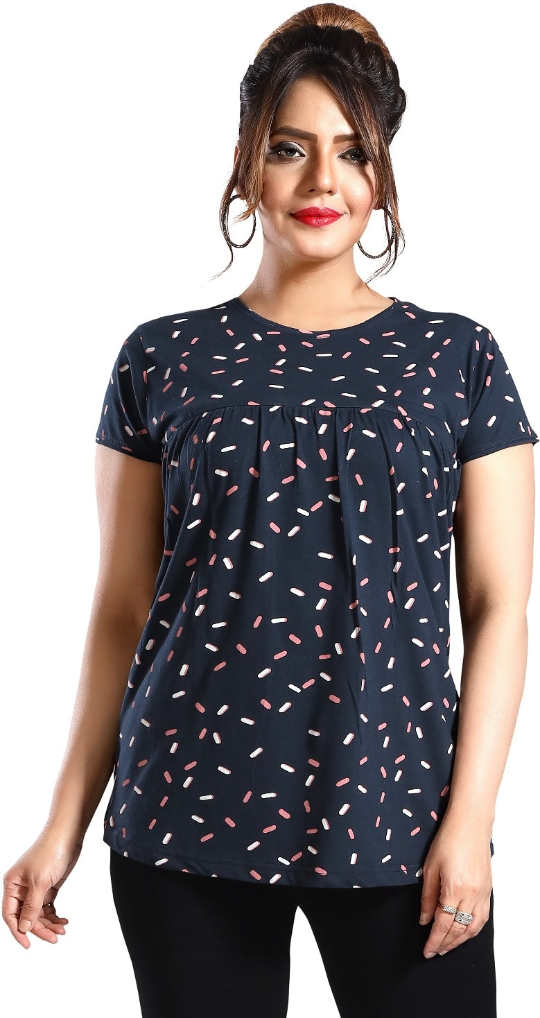 Fabme Women's Printed Navy Blue Concealed Zip Pre and Post Pregnancy Top
