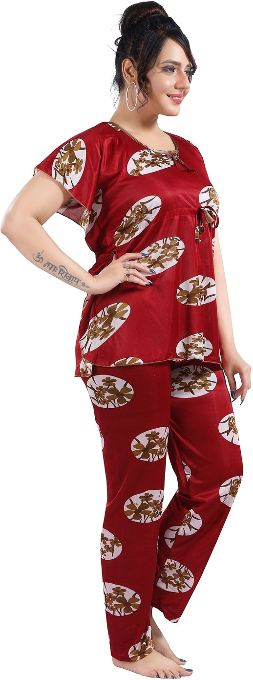 Fabme Women's Maroon Printed Satin EveryDay Top and Pyjama Set