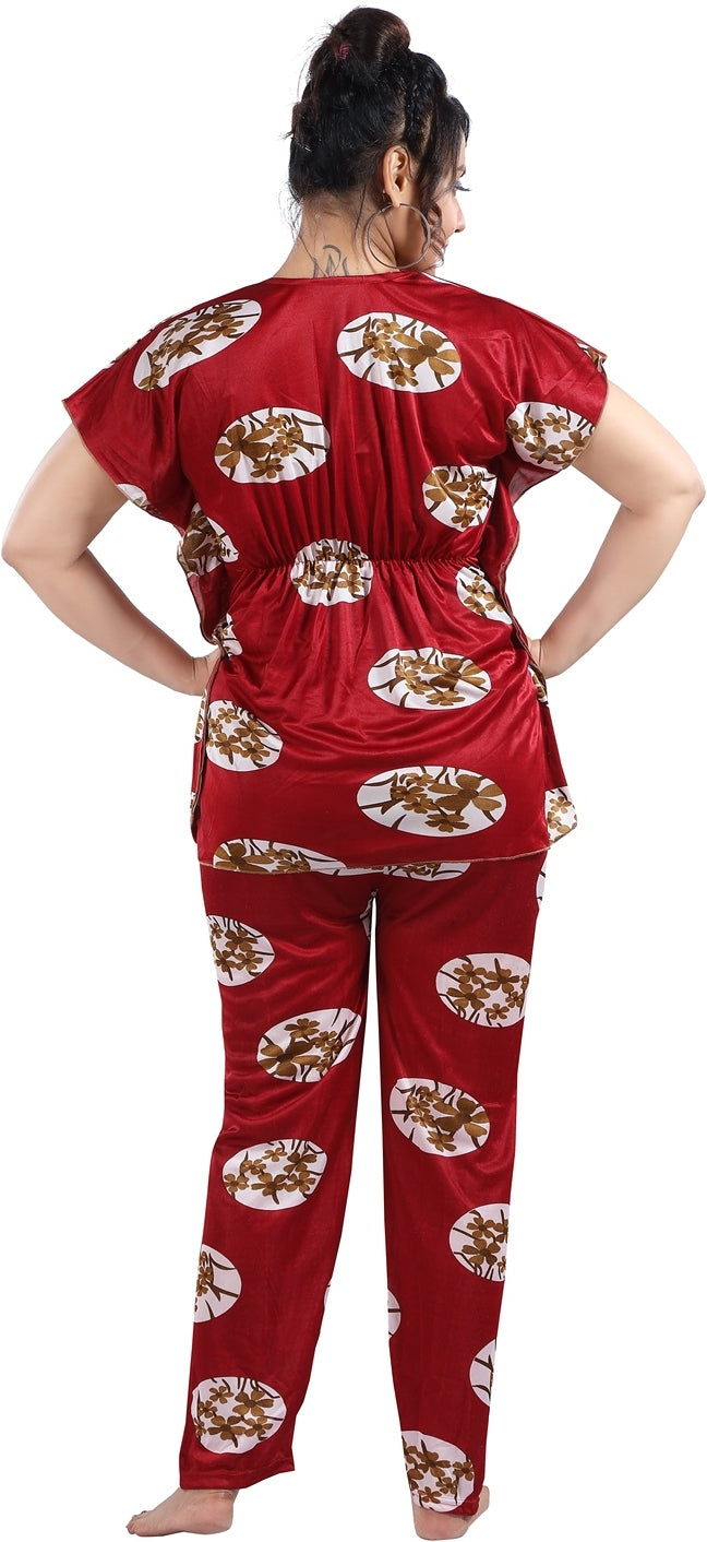 Fabme Women's Maroon Printed Satin EveryDay Top and Pyjama Set