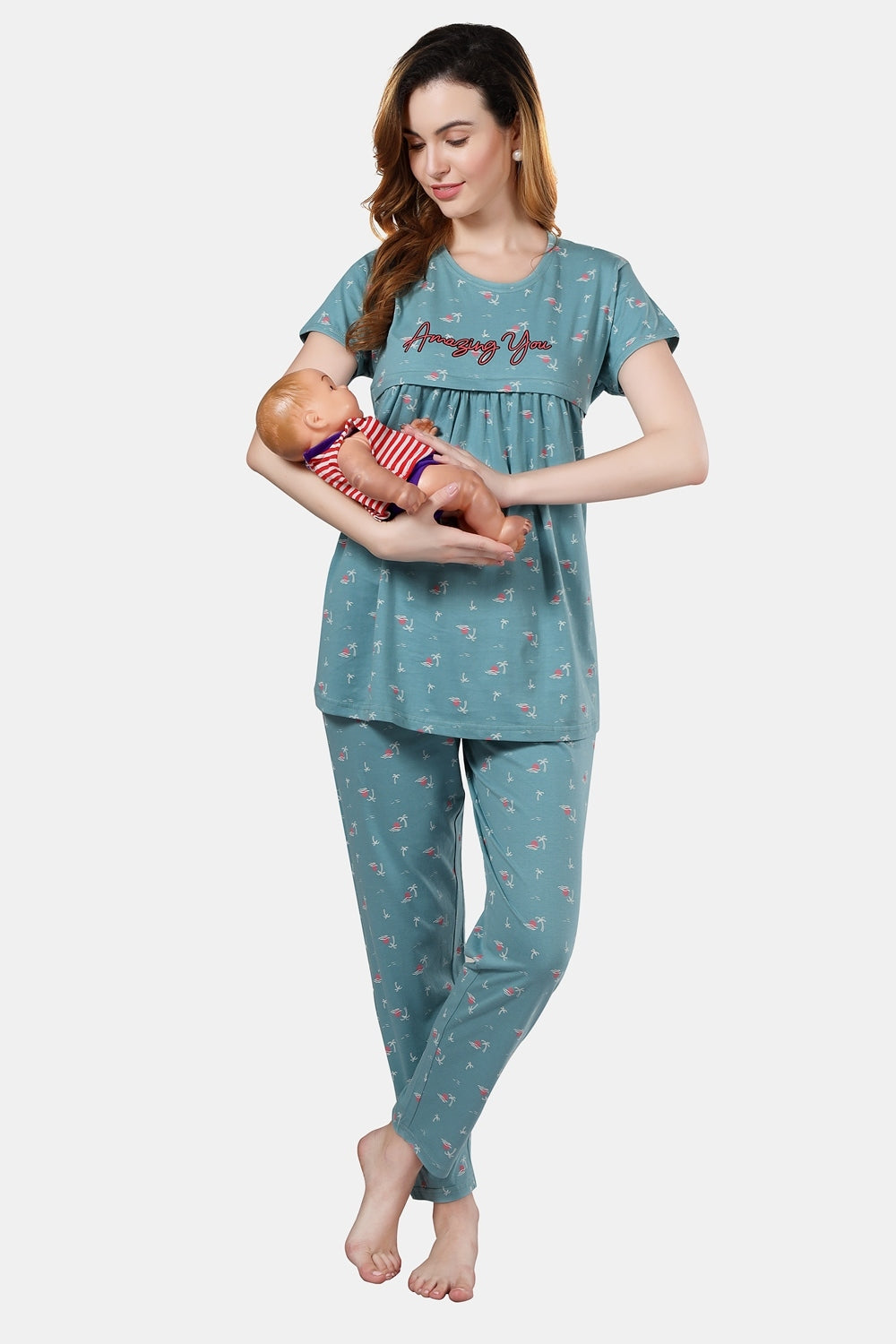 Fabme Women's Sea Green Horizontal Zip Pure Cotton Maternity Top and Pyjama Set