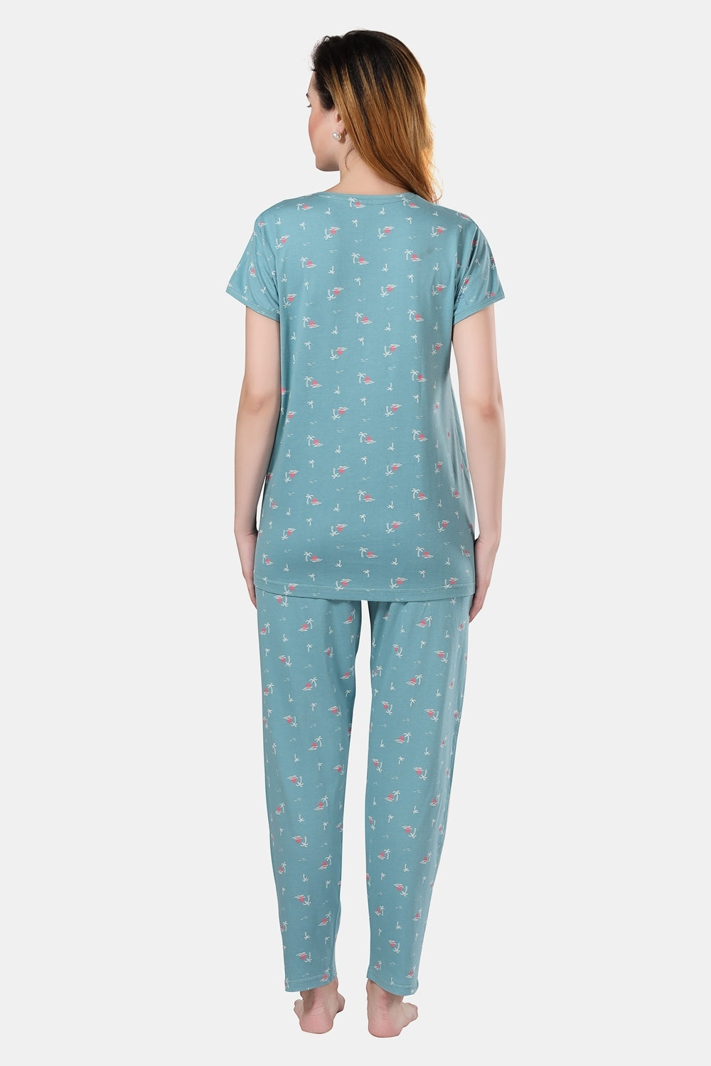 Fabme Women's Sea Green Horizontal Zip Pure Cotton Maternity Top and Pyjama Set
