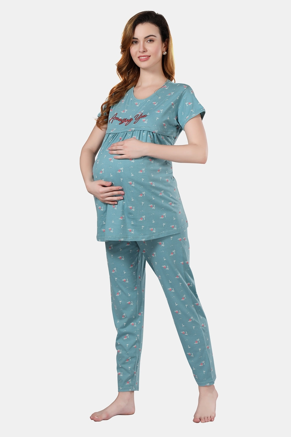 Fabme Women's Sea Green Horizontal Zip Pure Cotton Maternity Top and Pyjama Set