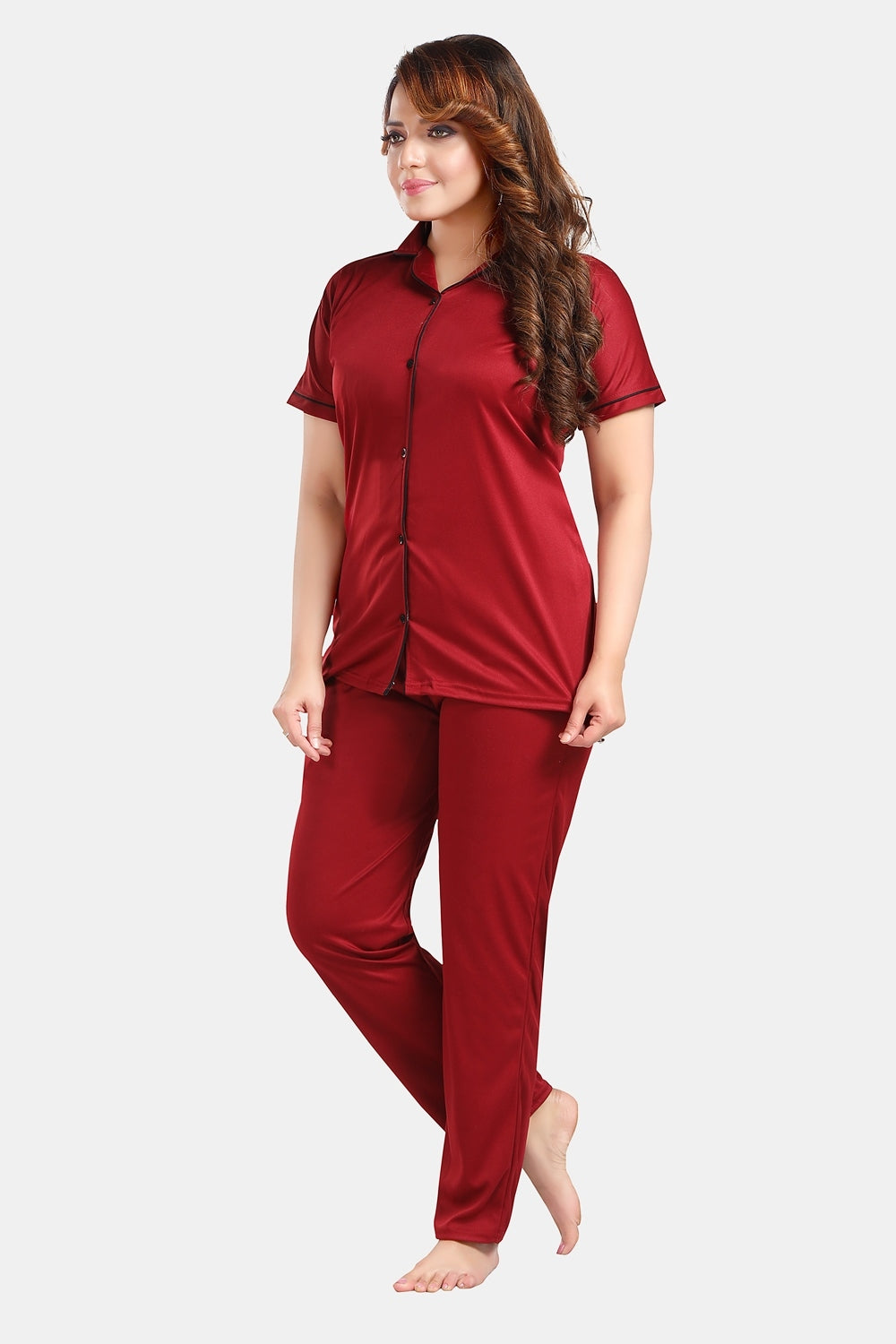 Fabme Women's Maroon Printed Viscose Polyester EveryDay Top and Pyjama Set