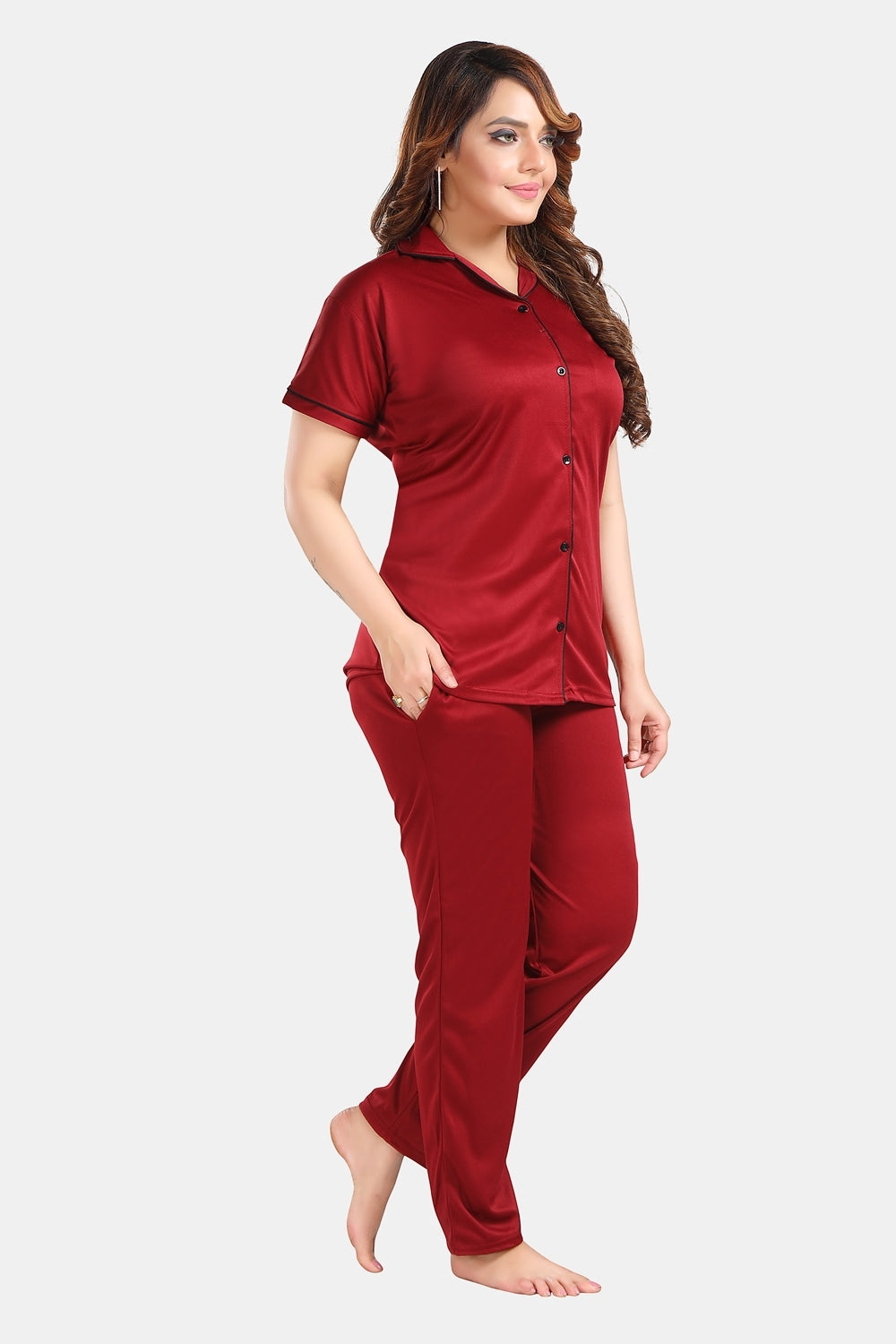 Fabme Women's Maroon Printed Viscose Polyester EveryDay Top and Pyjama Set