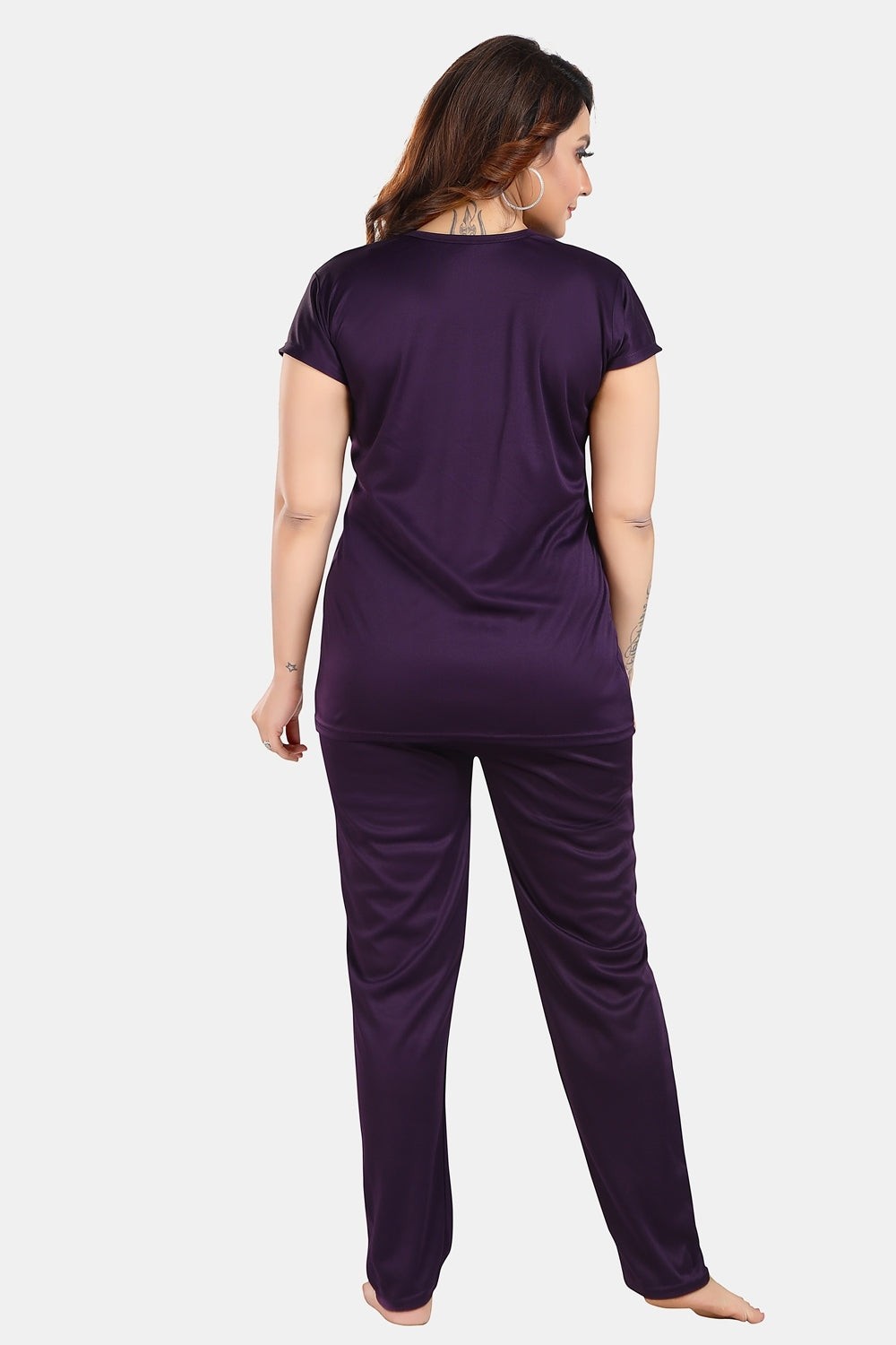Fabme Women's Purple Motif Print Viscose Polyester EveryDay Top and Pyjama Set