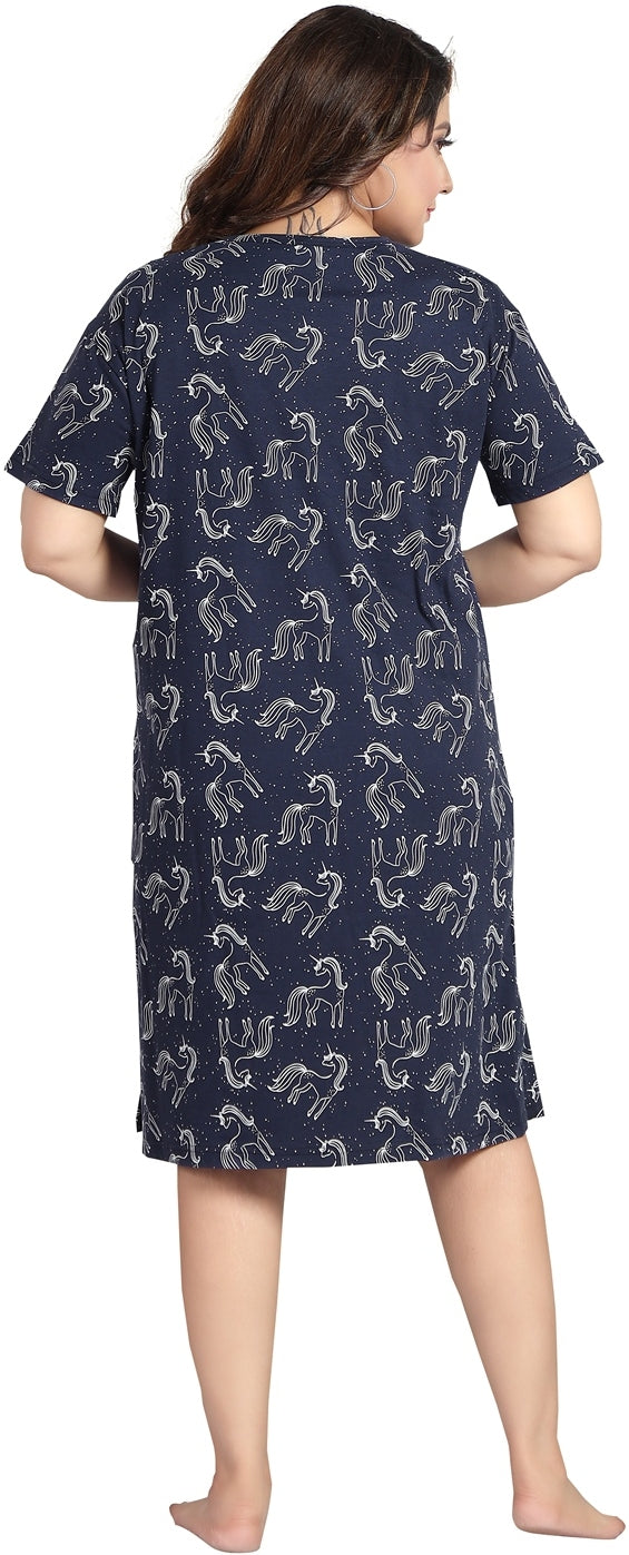 Fabme Women's Navy Blue Horizontal Zip Pure Cotton Knee Length Maternity Night Dress Nighty
