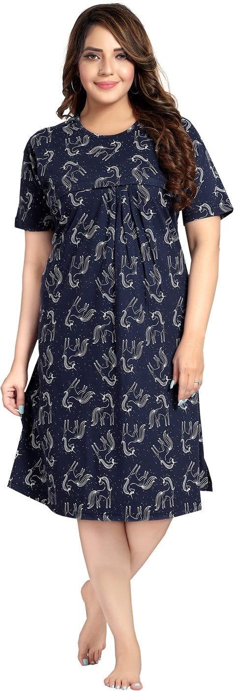 Fabme Women's Navy Blue Horizontal Zip Pure Cotton Knee Length Maternity Night Dress Nighty