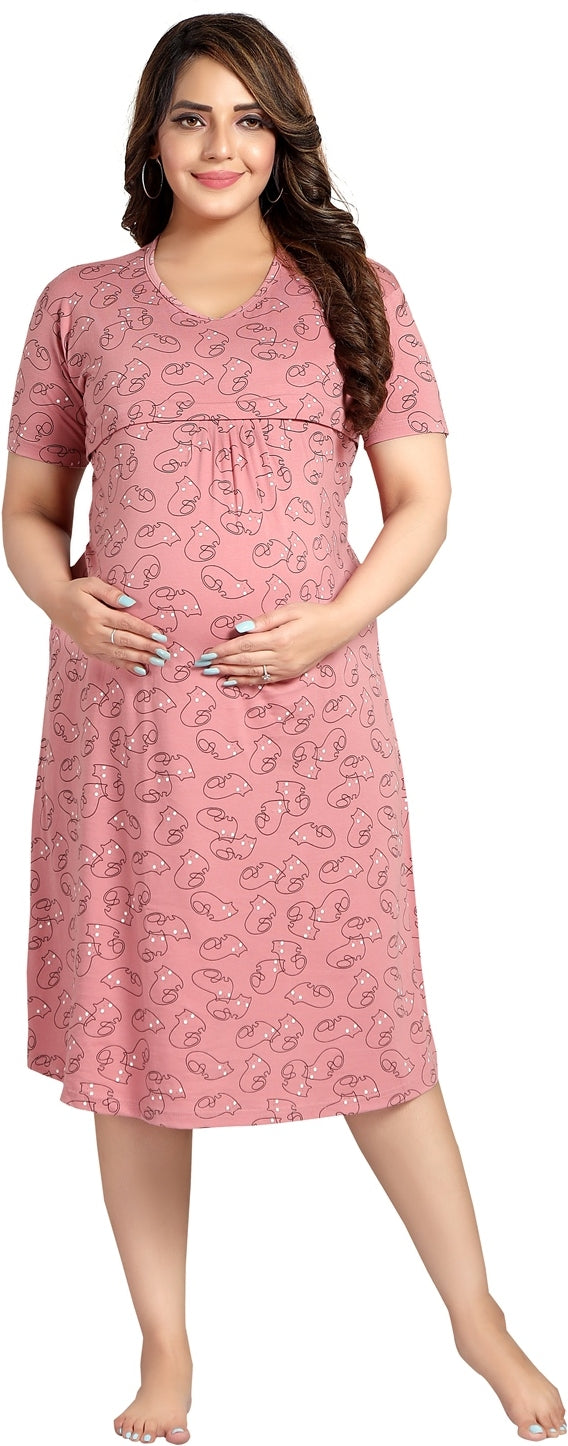 Fabme Women's Pink Horizontal Zip Pure Cotton Knee Length Maternity Night Dress Nighty