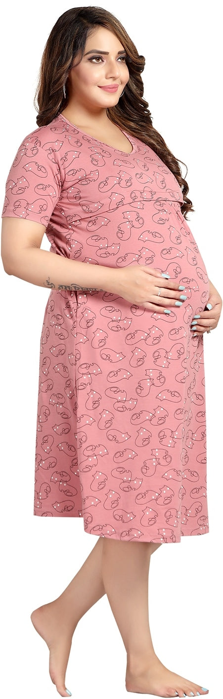 Fabme Women's Pink Horizontal Zip Pure Cotton Knee Length Maternity Night Dress Nighty