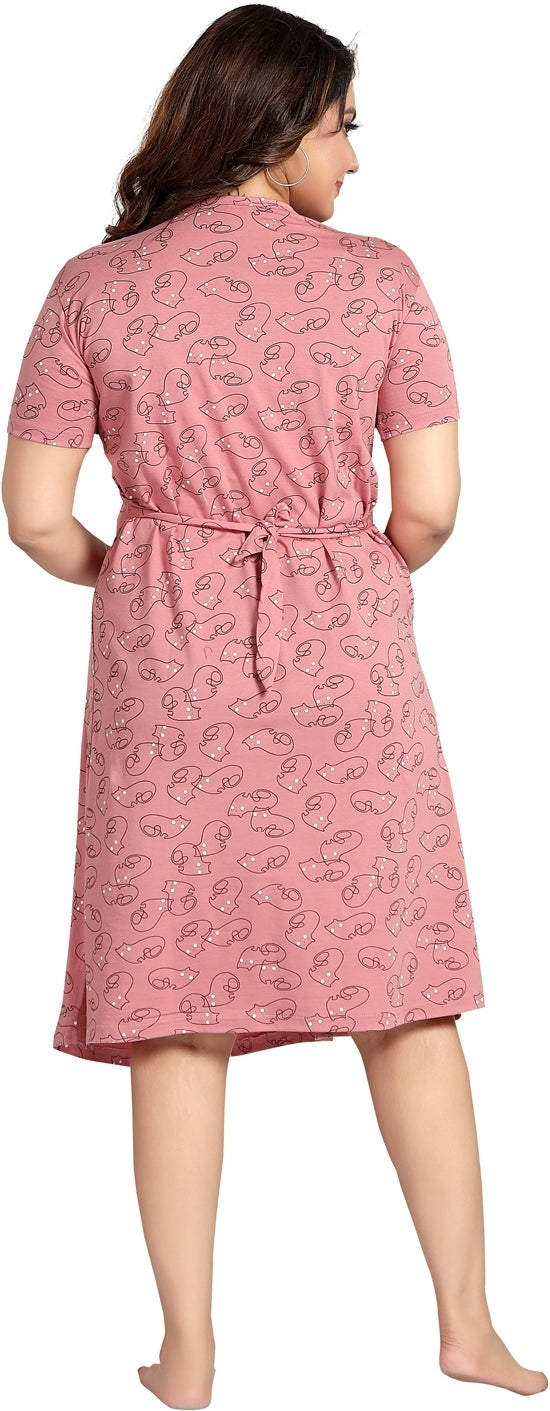 Fabme Women's Pink Horizontal Zip Pure Cotton Knee Length Maternity Night Dress Nighty