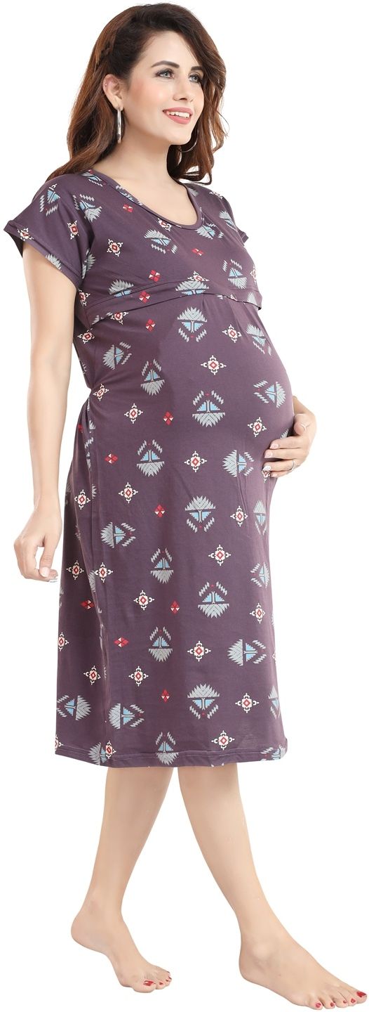 Fabme Women's Pre and Post Pregnancy Below Knee Length Nursing Nighty - Purple