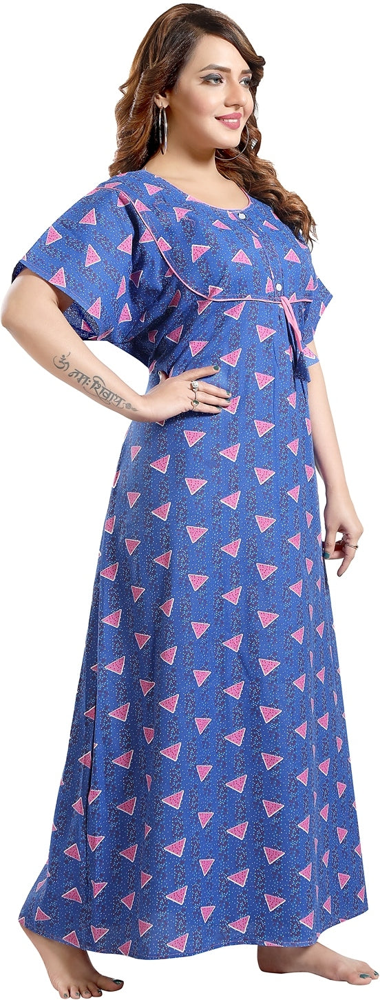 Fabme Women's Blue Printed Cotton Full Length EveryDay Night Dress Nighty