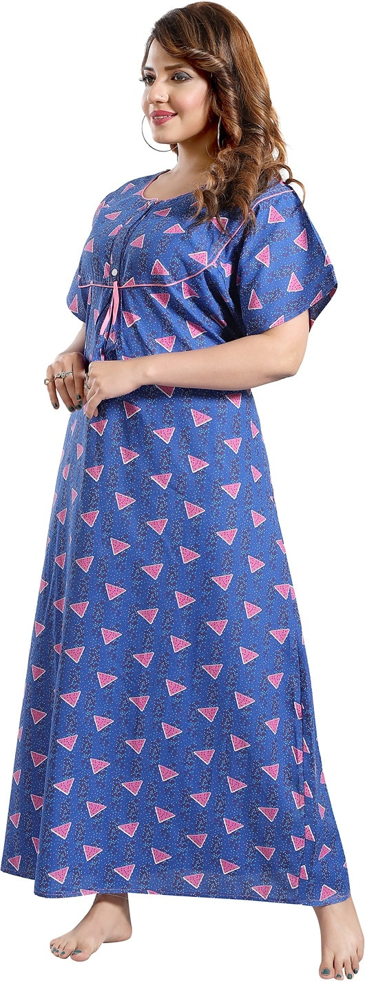 Fabme Women's Blue Printed Cotton Full Length EveryDay Night Dress Nighty