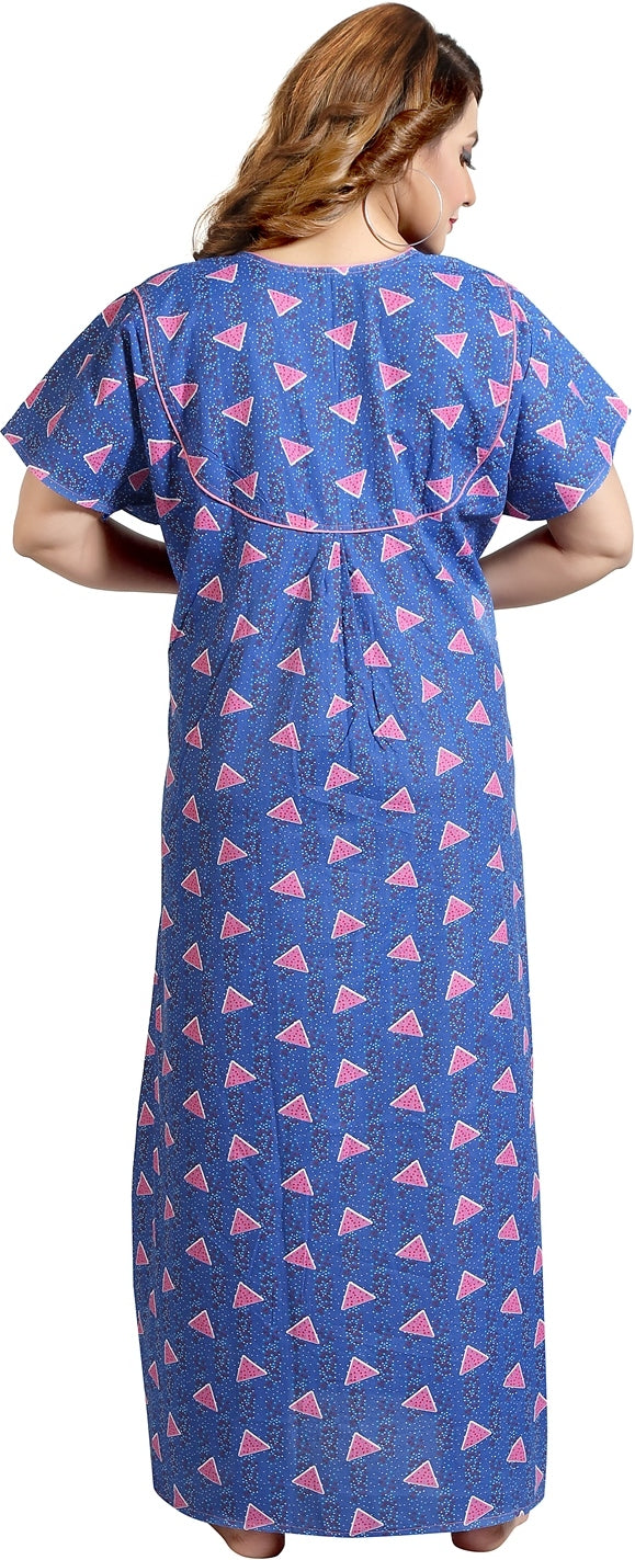 Fabme Women's Blue Printed Cotton Full Length EveryDay Night Dress Nighty