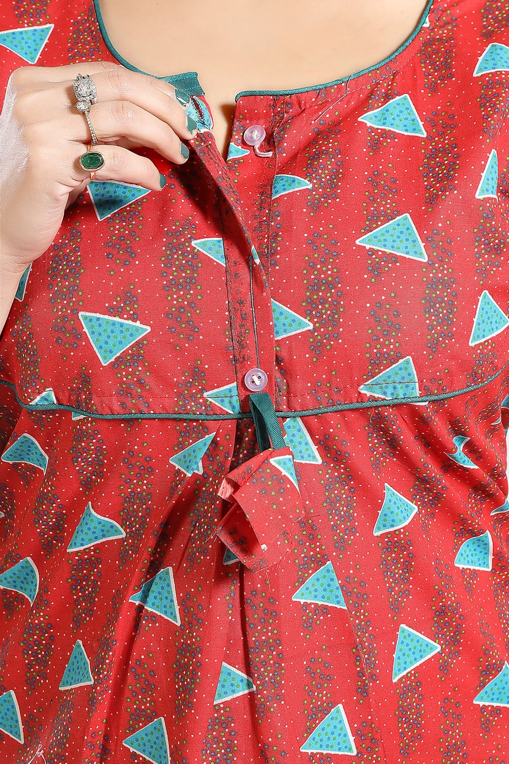 Fabme Women's Red Printed Cotton Full Length EveryDay Night Dress Nighty