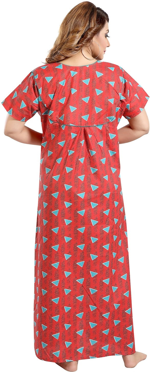Fabme Women's Red Printed Cotton Full Length EveryDay Night Dress Nighty