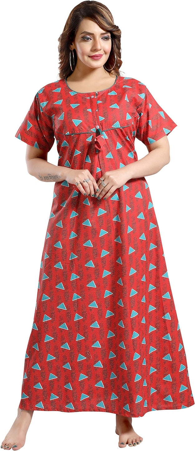 Fabme Women's Red Printed Cotton Full Length EveryDay Night Dress Nighty