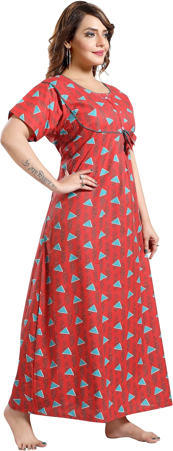 Fabme Women's Red Printed Cotton Full Length EveryDay Night Dress Nighty