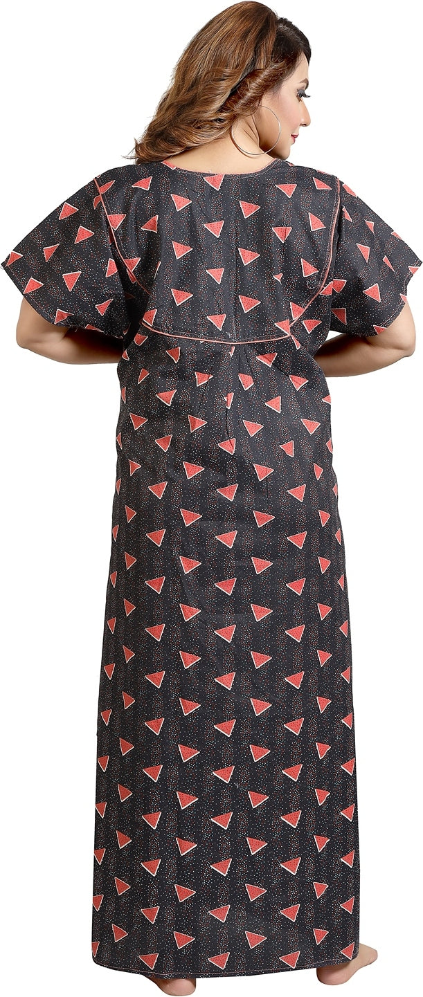 Fabme Women's Black Printed Cotton Full Length EveryDay Night Dress Nighty